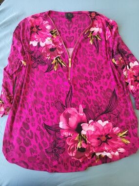 JM Collection Fuchsia Floral & Animal-Print Zip Front Tunic